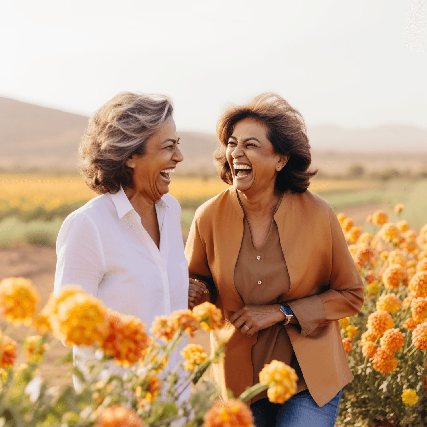 Two friends laughing together in a field of orange flowers