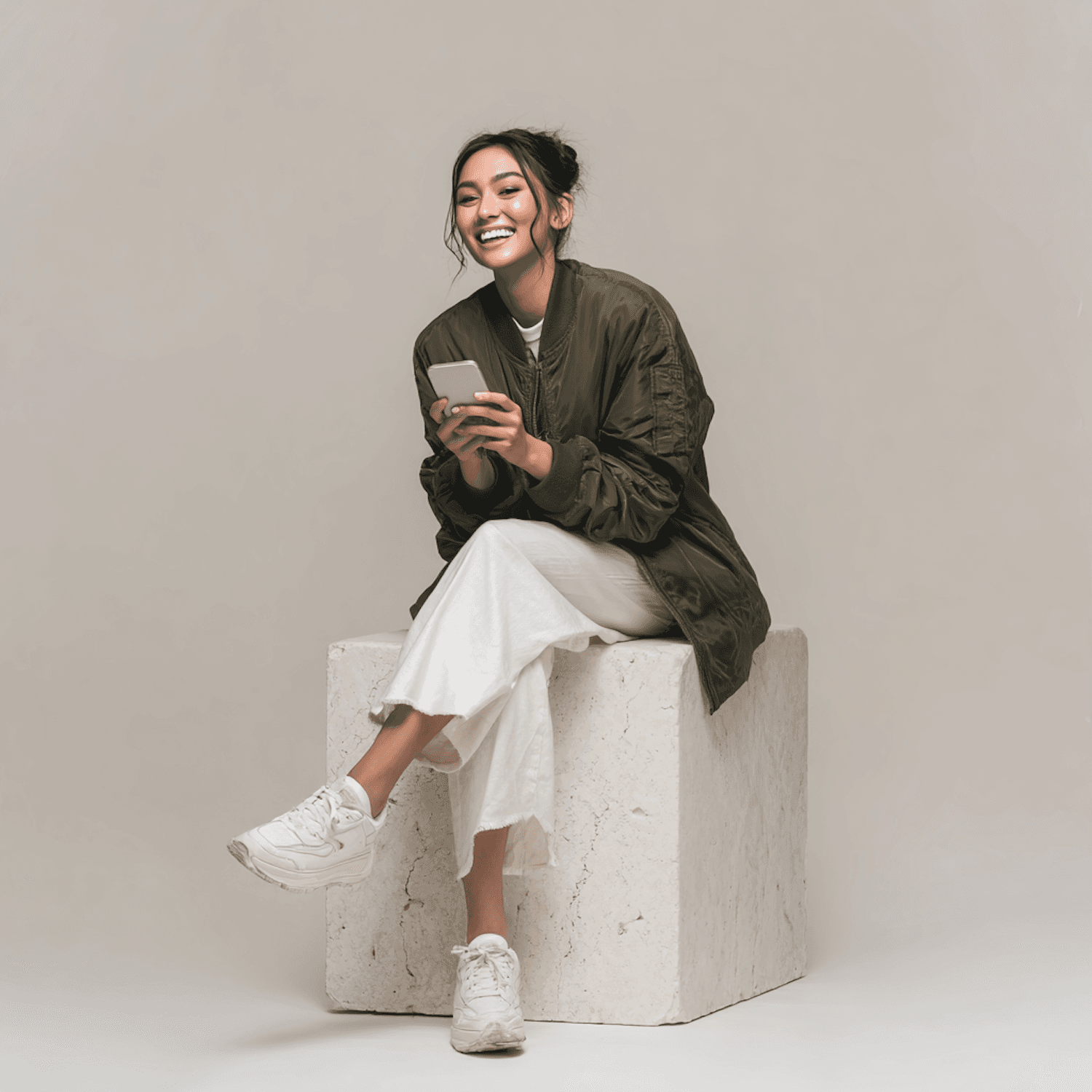 Smiling woman in a green jacket checking her phone while seated on a stone block