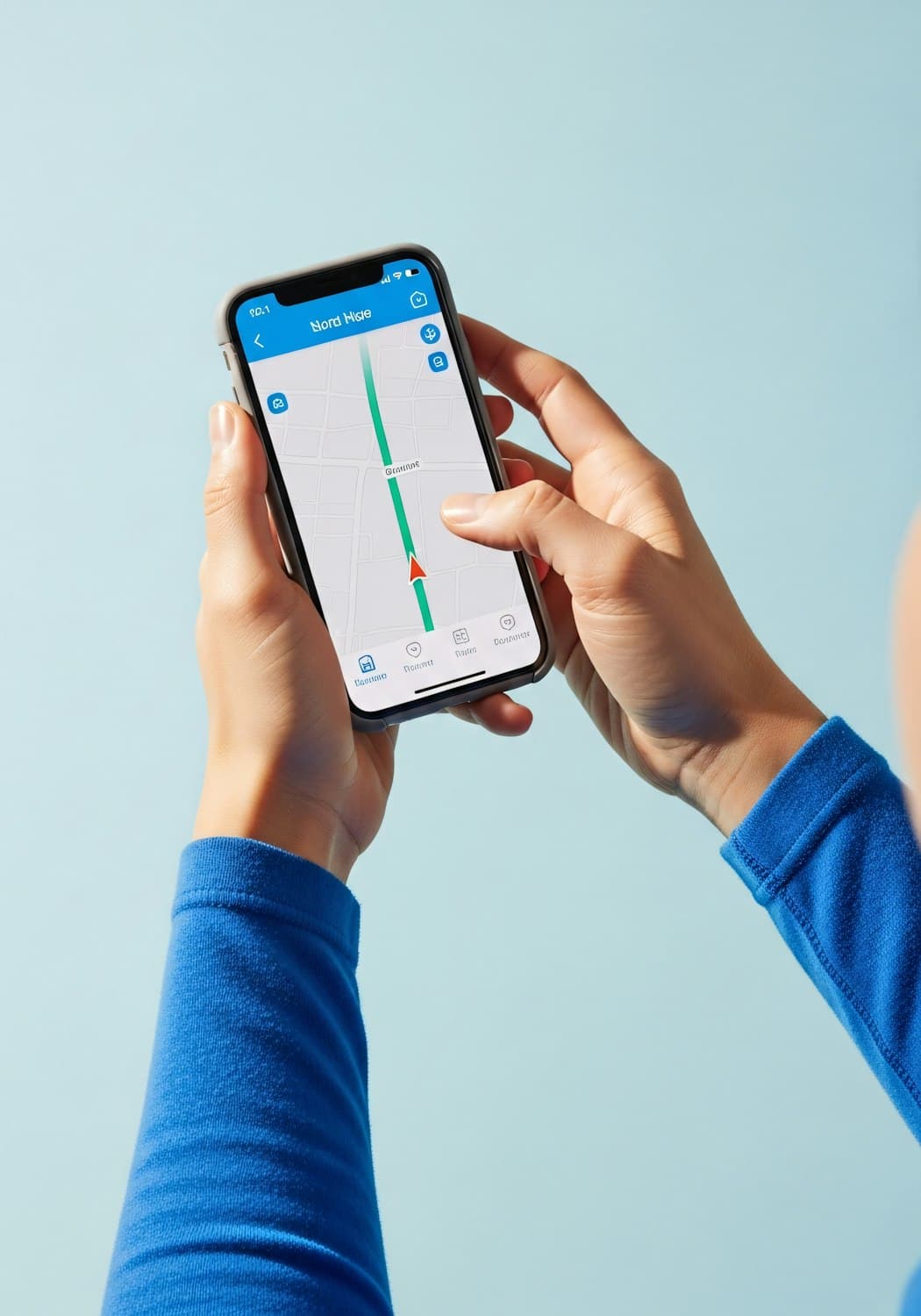 Hands holding a smartphone against a pale blue background